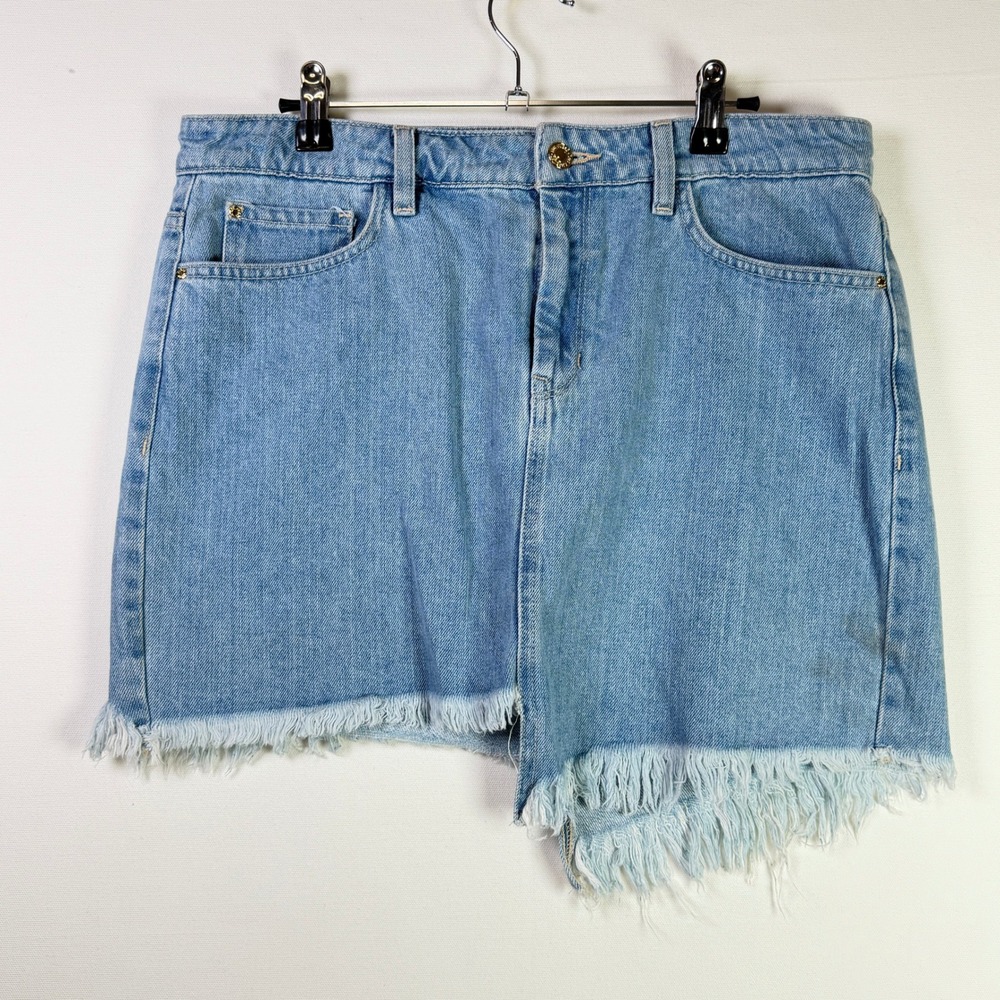 GUESS Light Wash Asymmetric Raw Hem Denim Mini Skirt 8